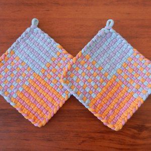 Set of 2 Handmade Artisan Cotton Woven Loomed Easter Potholders Hot Pads Trivets